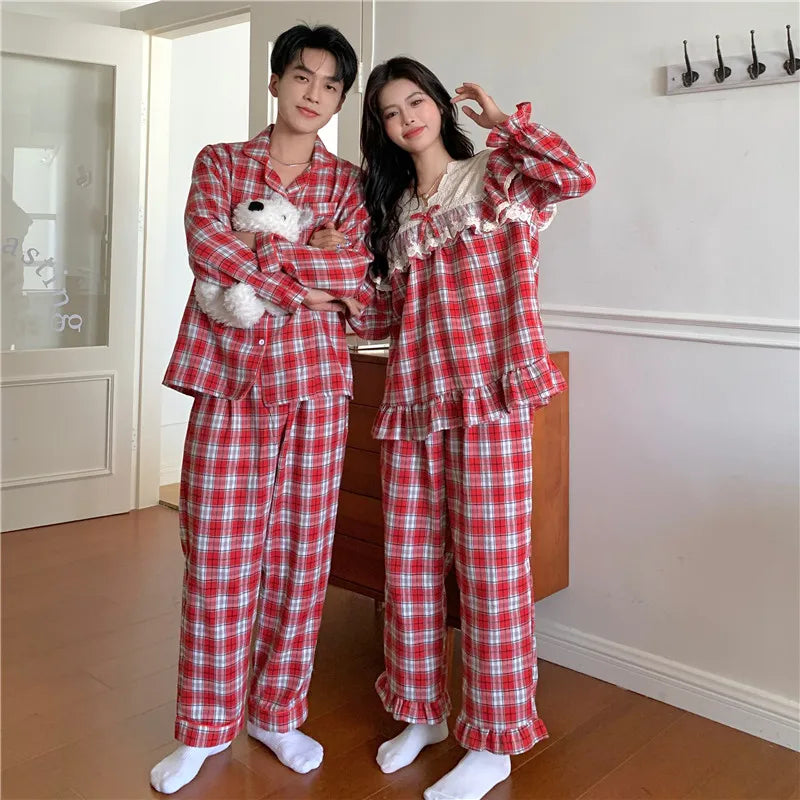 Loose Casual Couple Pajamas Sweet Lace Vintage Red Plaid  Thick  Nightwear Autumn Winter Princess Style Christmas Homewear D711