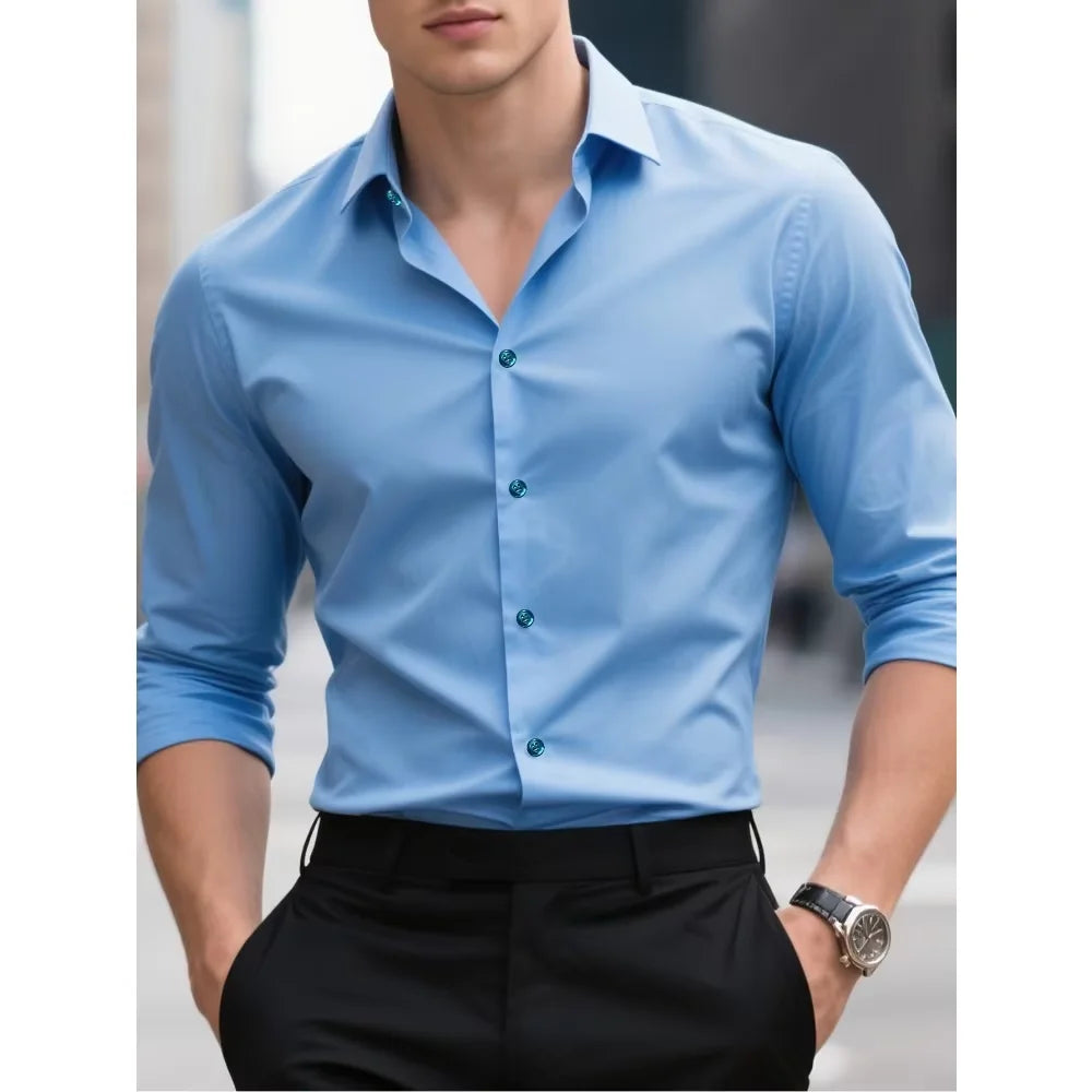 2025 Men's Shirt Brand New Solid Color Long Sleeve Smart Casual Four Season Elastic Male Business Shirts