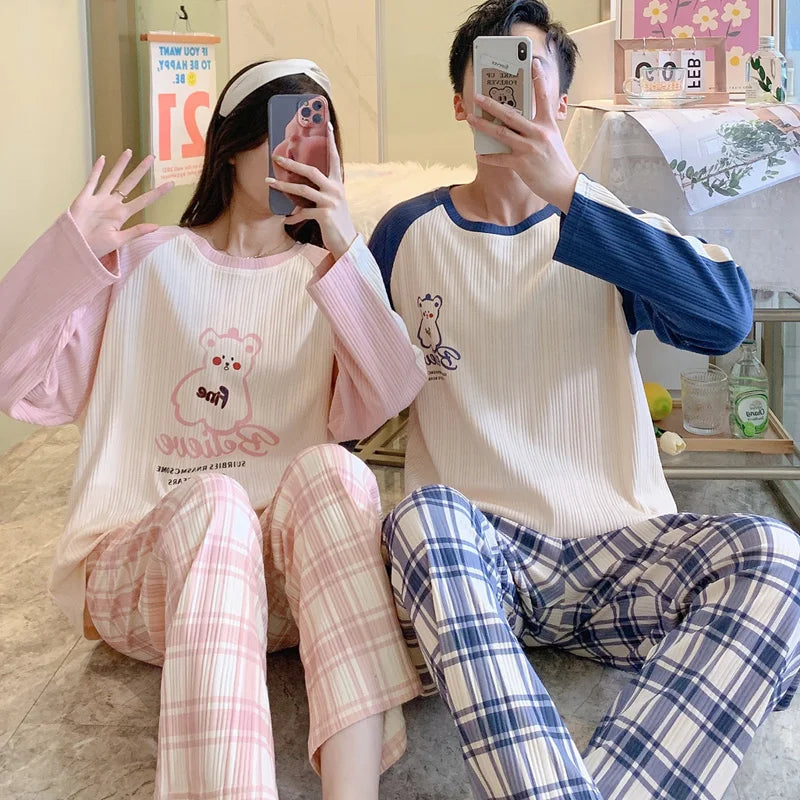 Couple's Pijama Sets M-3XL Autumn Spring Pajamas Lovely Cartoon Sleepwear Cotton Pyjamas For Women Man Top Pant Leisure Outwear
