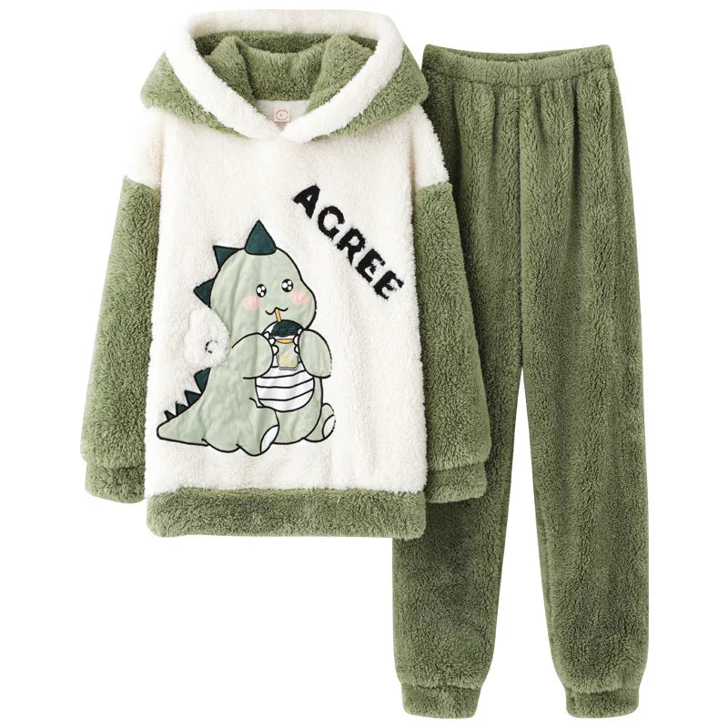 Couples Pajamas Sets Women Men Winter Thicken Pyjamas Sleepwear Cartoon Dinosaur Korean Lovers Homewear Soft Warm Pijama Hoodies